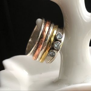 🆕Ring Spinner Blue Topaz Sterling Silver Tri-Tone